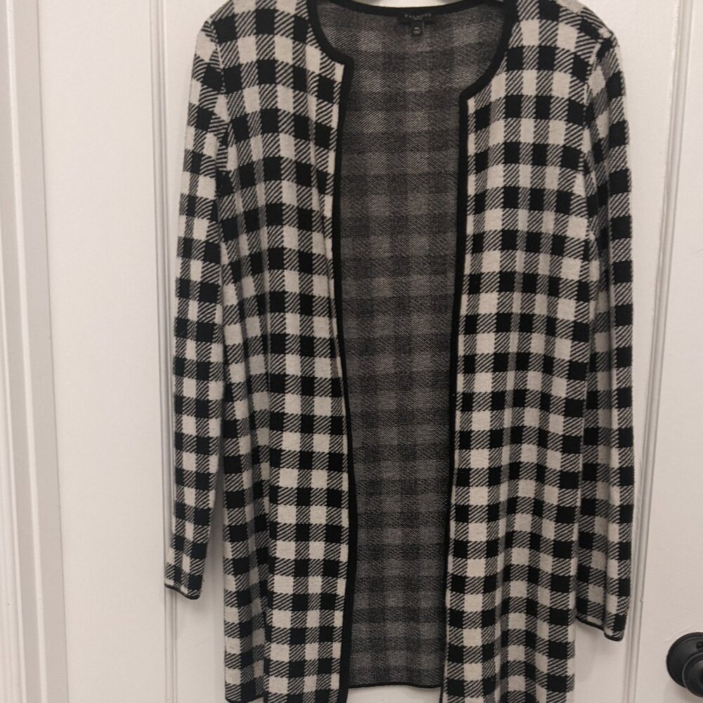 Talbots Petite Wool Blend Open Front Cardigan Sweater Petite Medium Houndstooth